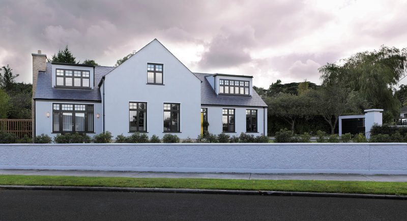 Exterior of a stylish new energy efficient replacement for a 1950’s dormer bungalow in Blackrock